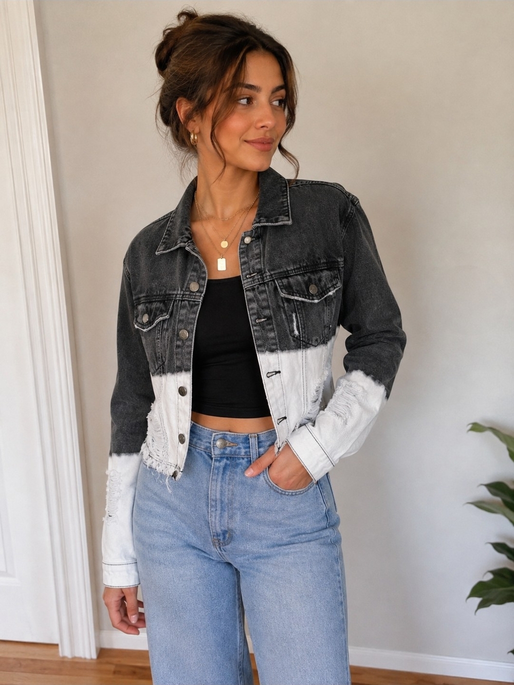 Cropped Two-Tone Black & White Denim Jacket